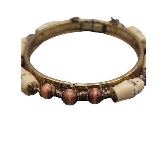 Miriam Haskell Rare Hinged Clamper Bangle Bracelet Resin Bamboo Wood Beads 6.5" - Picture 10 of 14